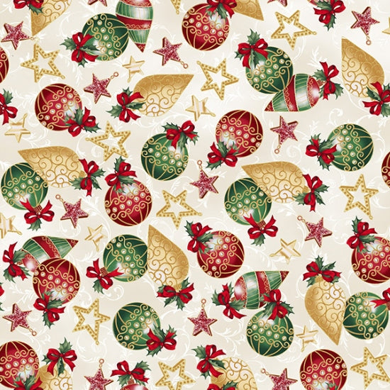 Cotton Double Border Christmas Print Mistletoe Poinsettias Winter Scene  Gold Metallic Snowflakes 60 Wide Cotton Fabric