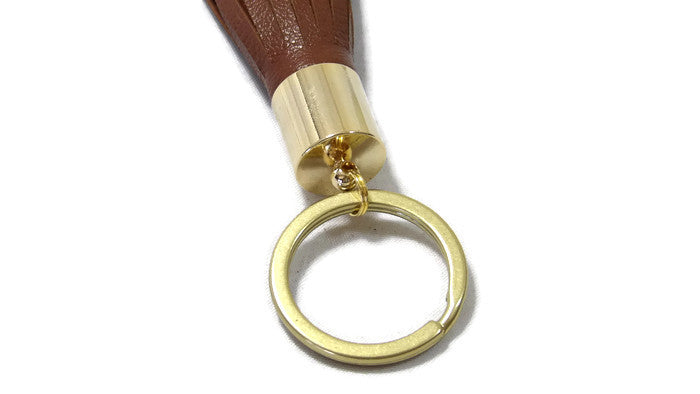 Modern Wood Grain Briar Brown Valet Double Ring Leather Key Chain