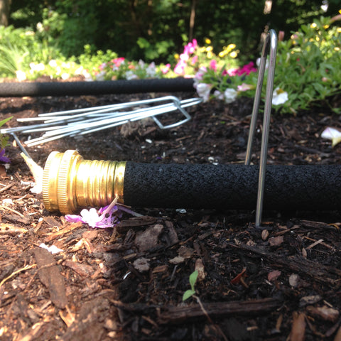 Installing soaker hose with landscape staples