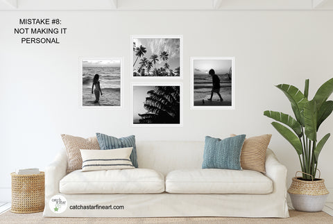 A coastal home decor living room with black and white beach photos on the wall.