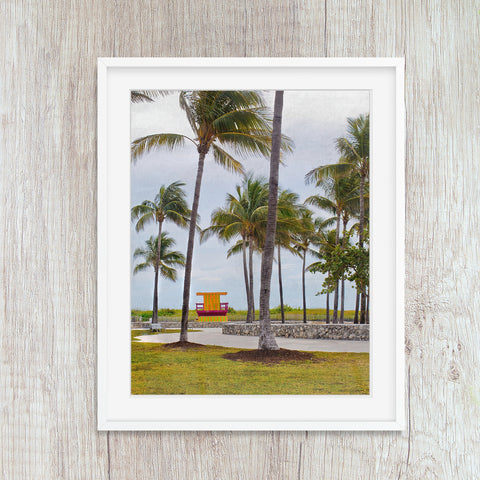 Palm trees and pathways lead to the beach and lifeguard towers on Miami's South Beach