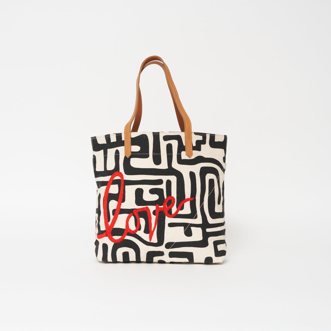 Image of Go-To Tote - Black Kuba with Beaded Red Love