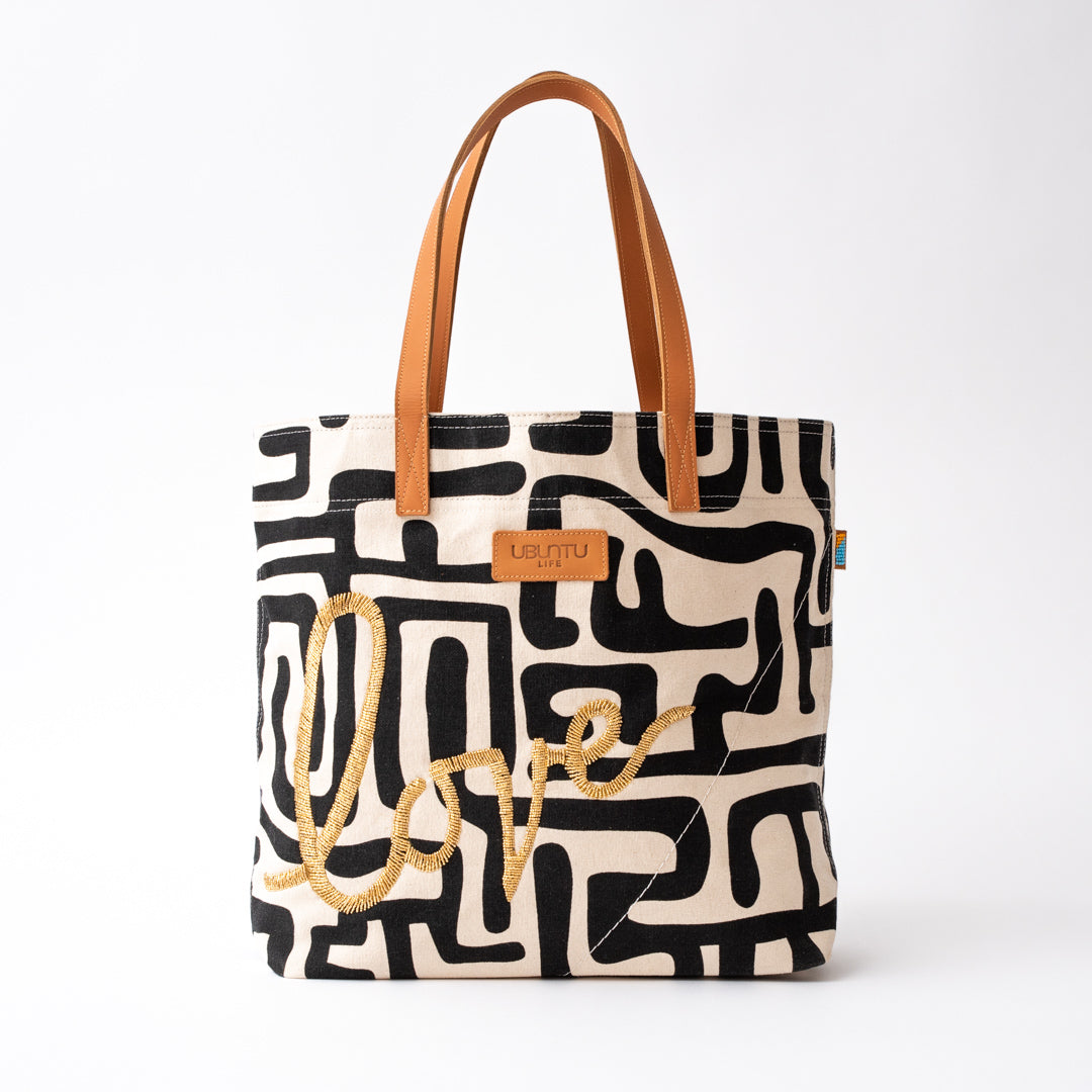 Image of FINAL SALE: Beaded Gold LOVE Kuba Go-To Tote - Black/Eggshell