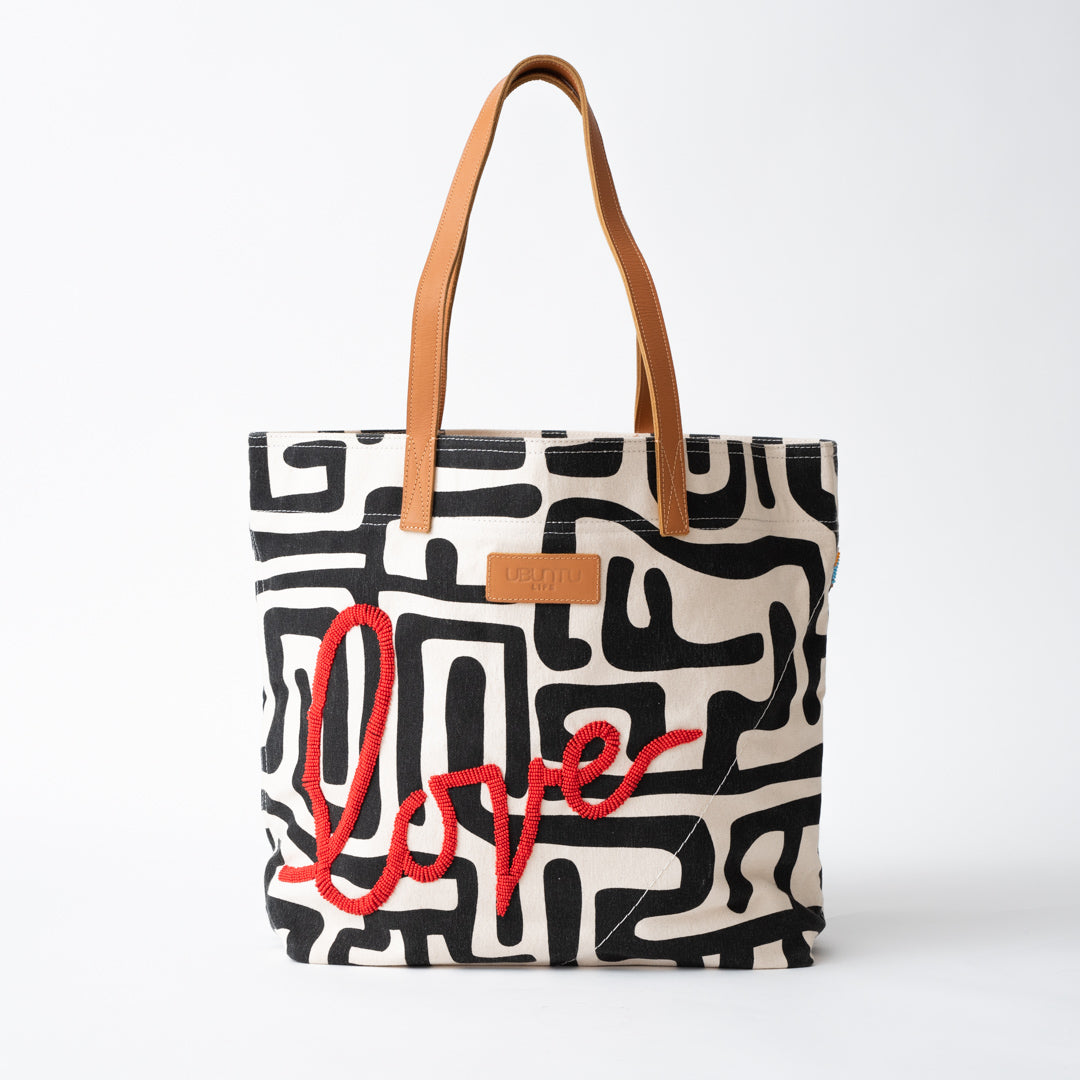 Image of FINAL SALE: Original Go-To Tote - Black Kuba with Beaded Red LOVE