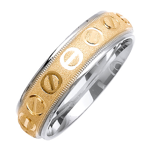 14K or 18K White and Yellow Gold Scroll Engraved Center Ring