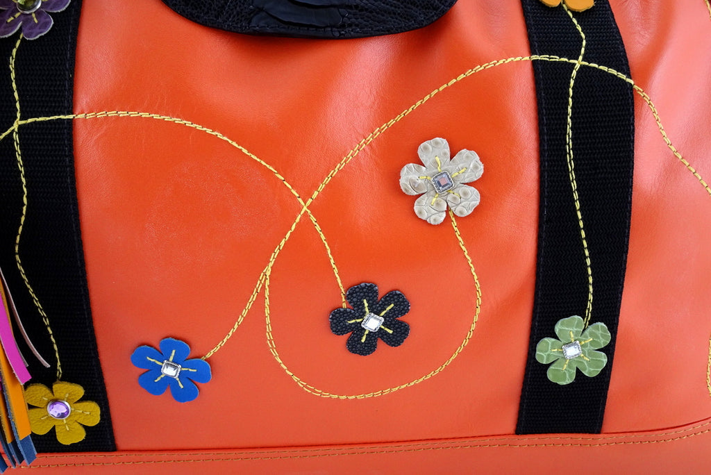 Felicity Orange leather webbing straps & flower detail large tote bag – Wild Harry
