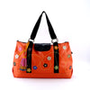 Felicity  Orange leather webbing straps & flowers large tote bag front handles up