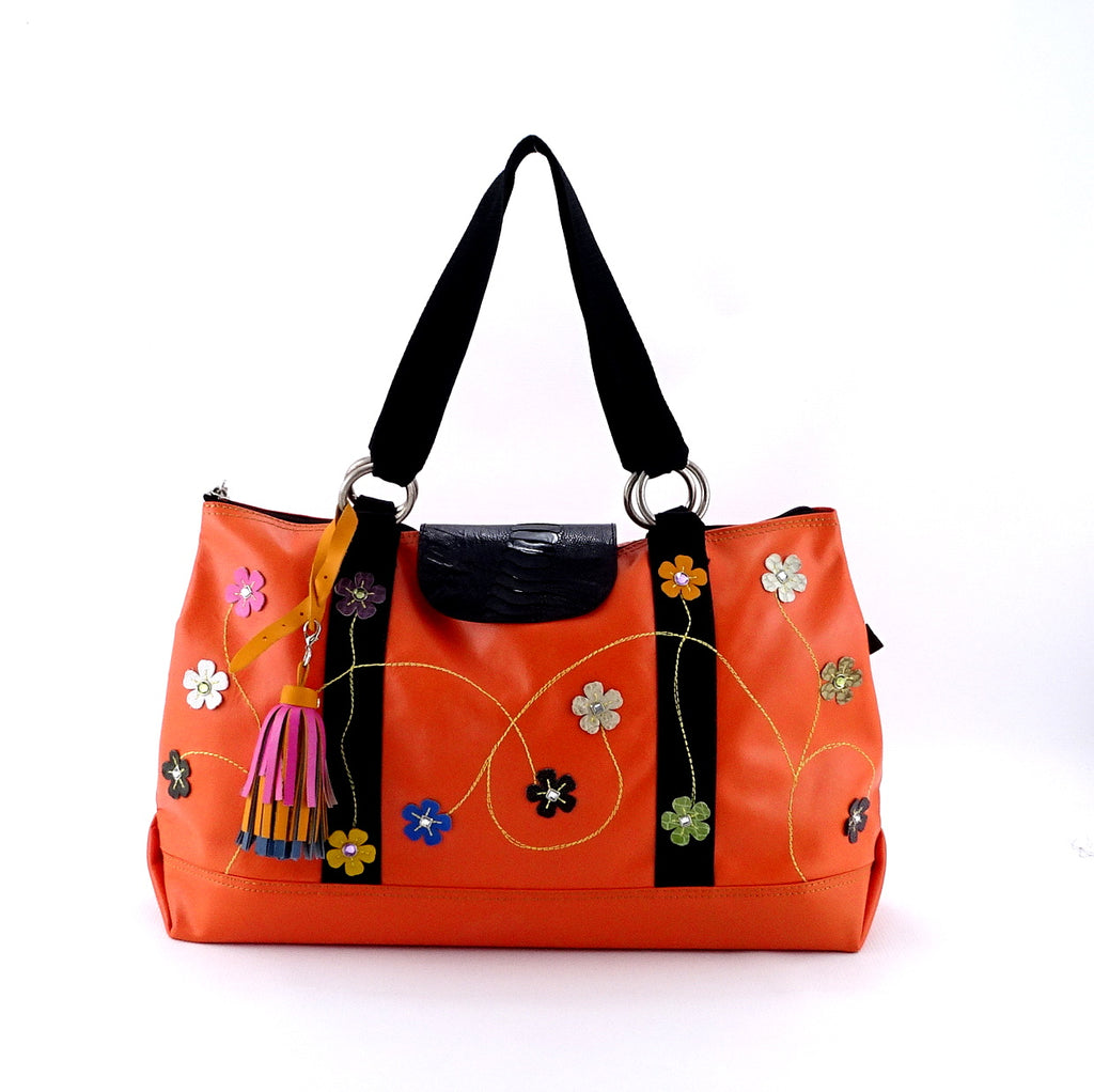 Felicity Orange leather webbing straps & flower detail large tote bag – Wild Harry