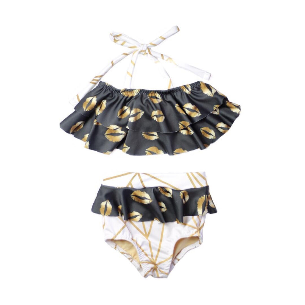 Ruffle Bikini Bottom - Gold Lips & Gold Abstract – Quinn and Belle