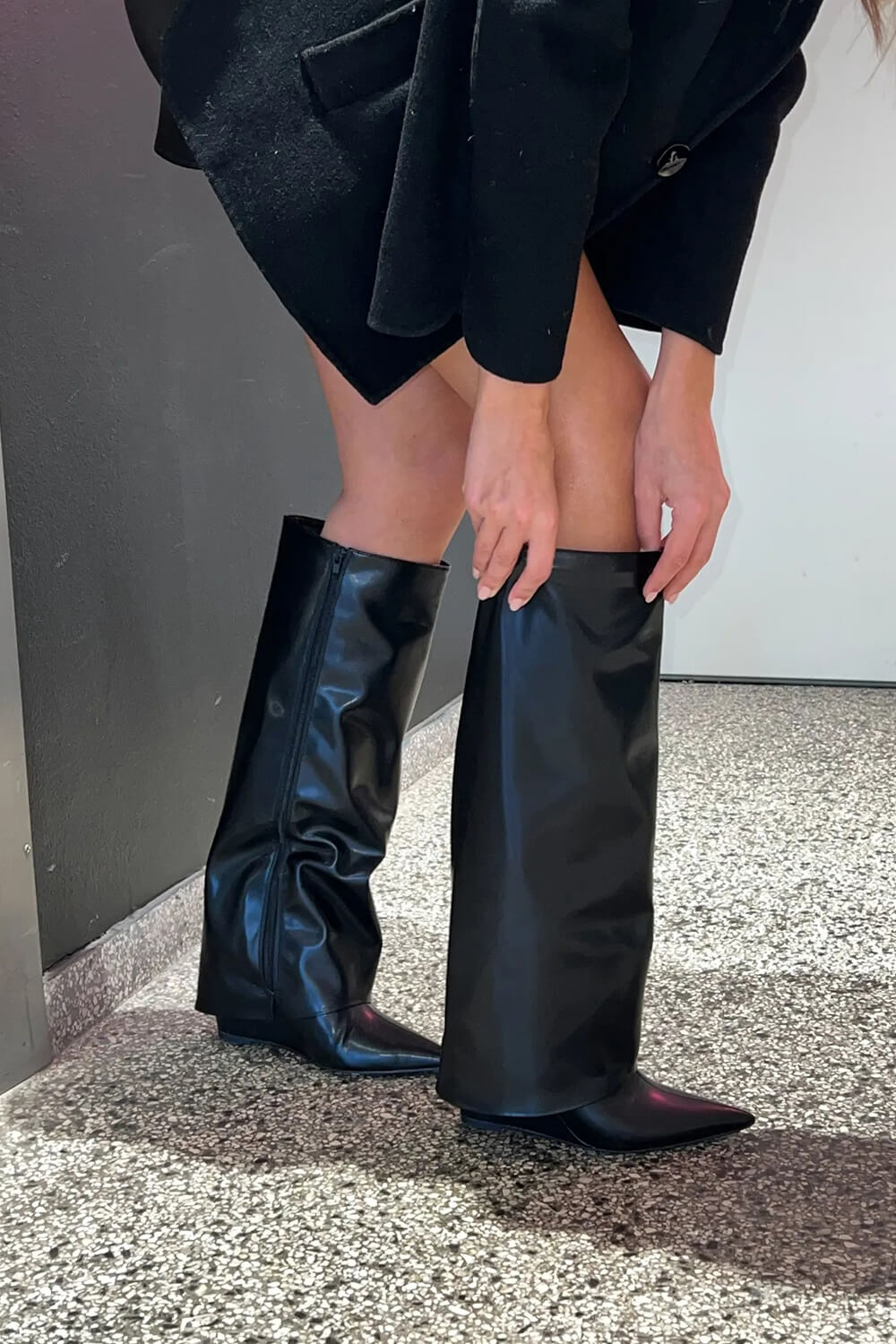 Faux Leather Folded Over Wedge Heeled Knee High Boots
