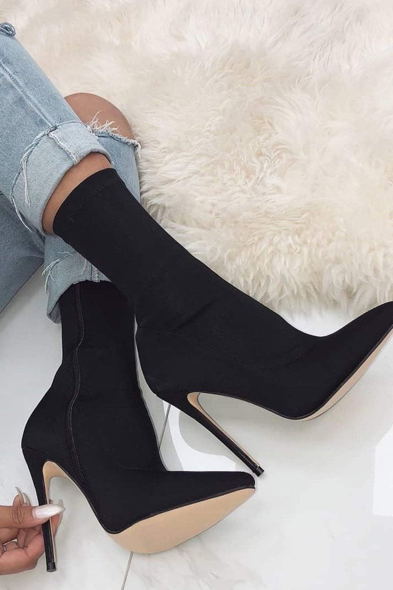 Black Pointed Sock Stiletto Heeled Boots – FloralKini