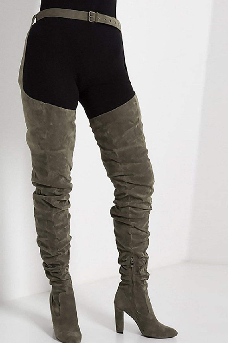 green suede thigh high boots