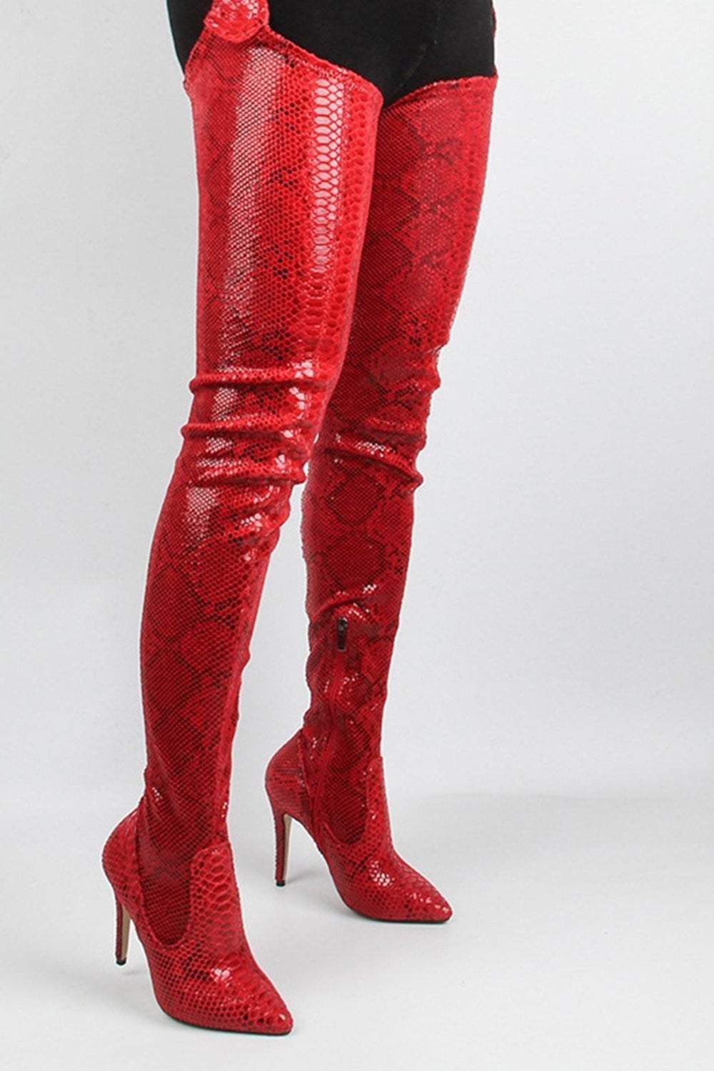 Red Leopard Belted Thigh High Boots 