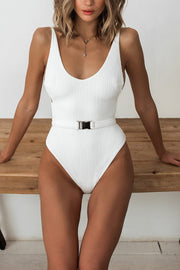 White V-neck belted isang piraso swimsuit