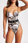 Animal Print Moulded Belted Plunge Ribbed One Piece Swimsuit