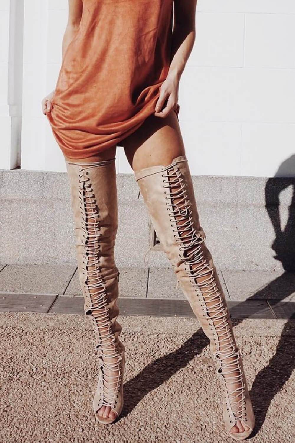 lace up peep toe thigh high boots