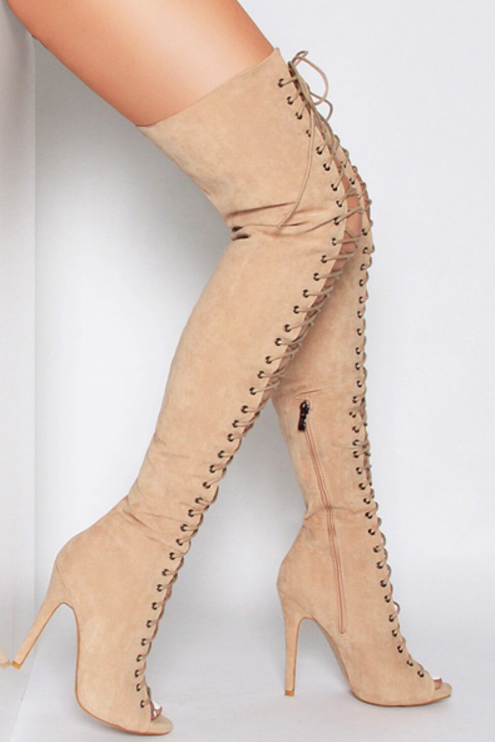 suede lace up thigh high boots