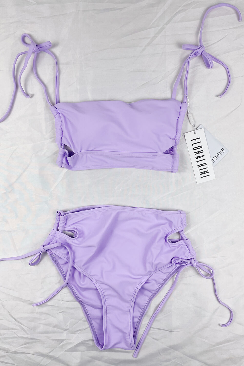 Lilac Criss Cross Cutout Lace-Up Side Long Line Bandeau Bikini Top ...
