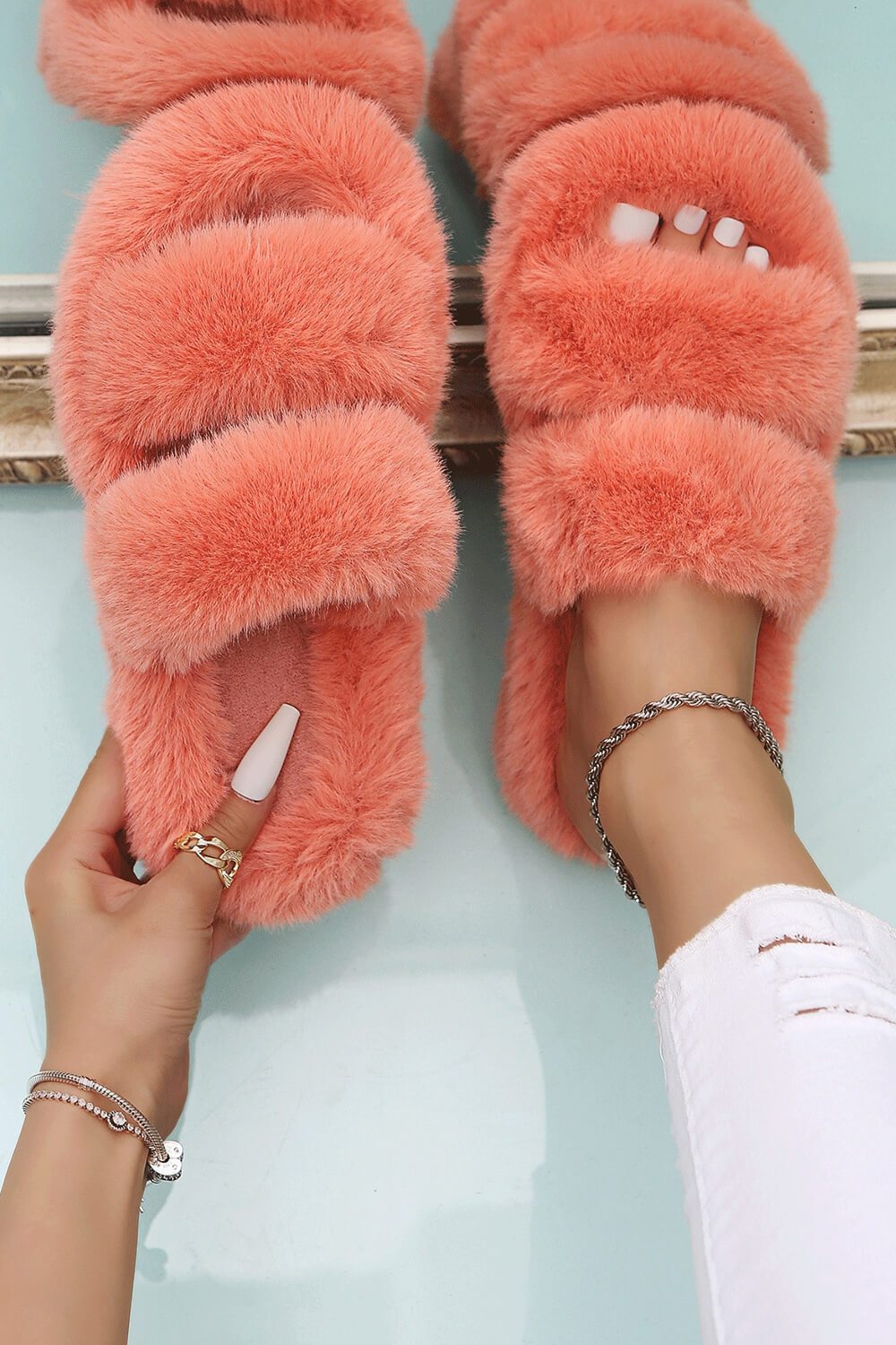 pink fuzzy slip ons