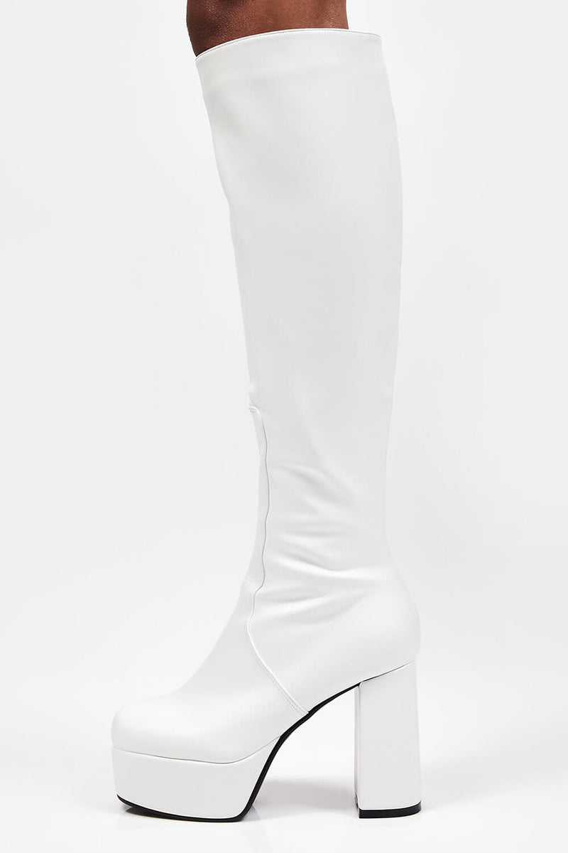 White Chunky Platform Block Heel Knee High Boots – FloralKini