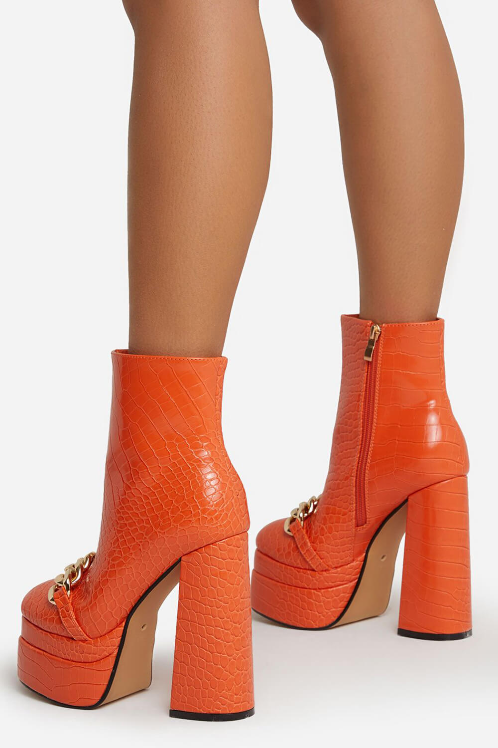 Orange Croc Print Patent Doubke Platform Block Heel Ankle Boot With Ch ...