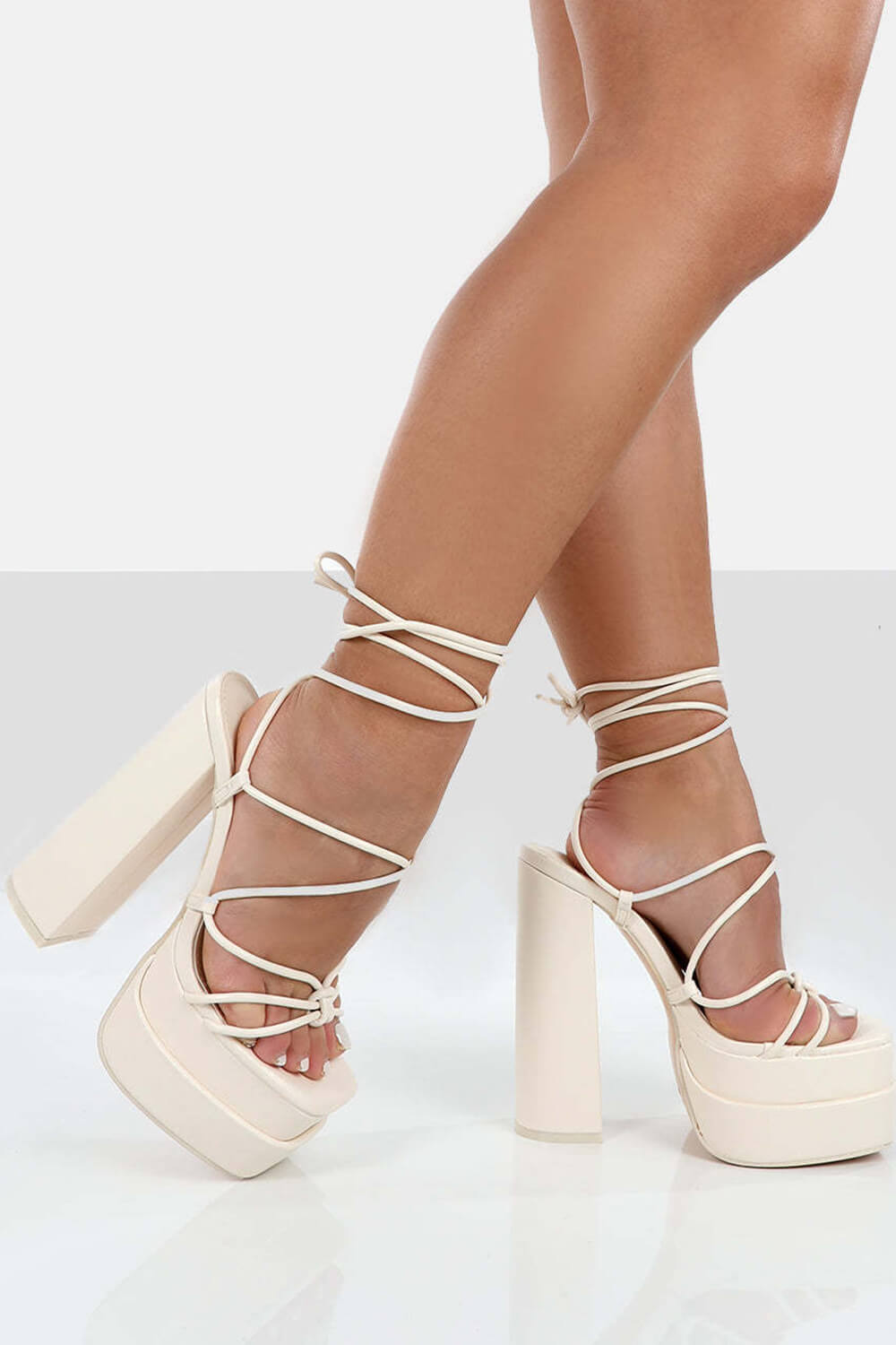 White Pu Lace Up Platform High Heels – FloralKini