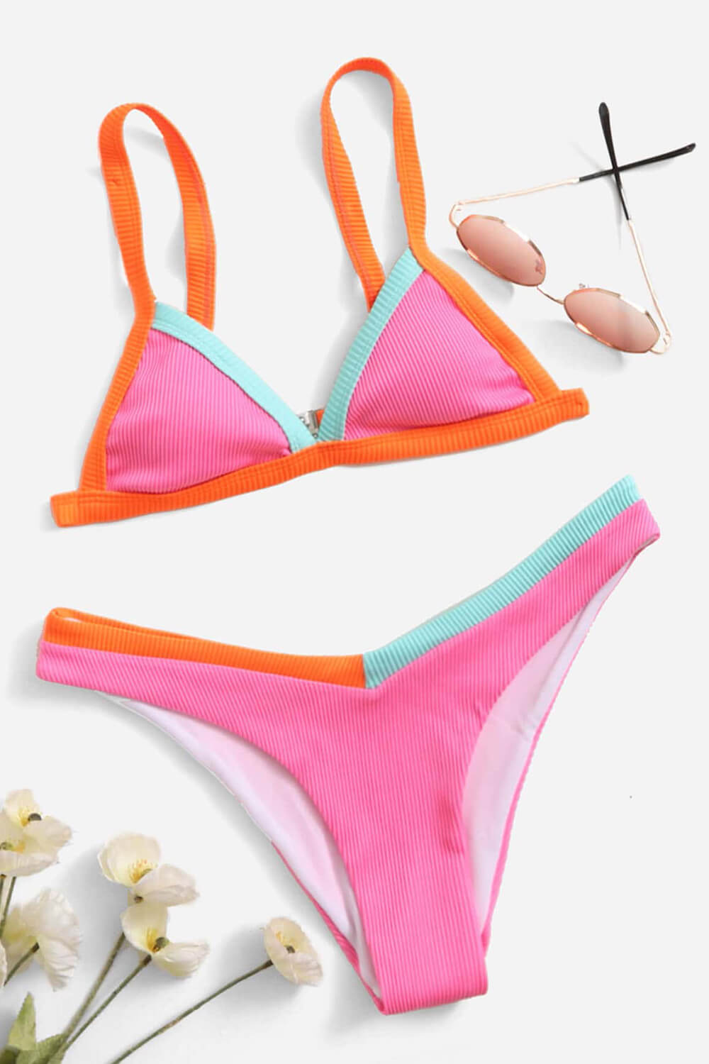 Neon pink, orange and yellow color block halter bikini, S - $11 - From  Jessica