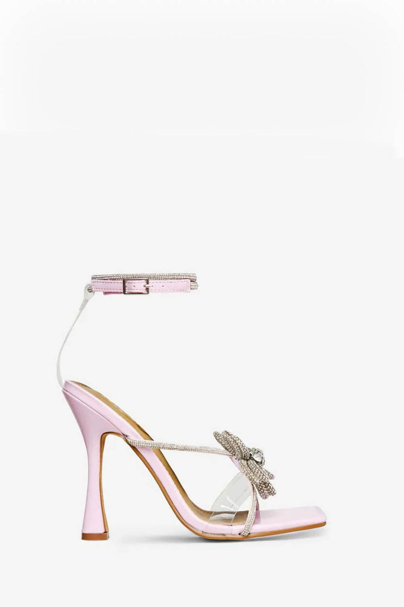 Pink Patent Diamante Flower Detail Clear Perspex Strap Square Toe Flared Heel