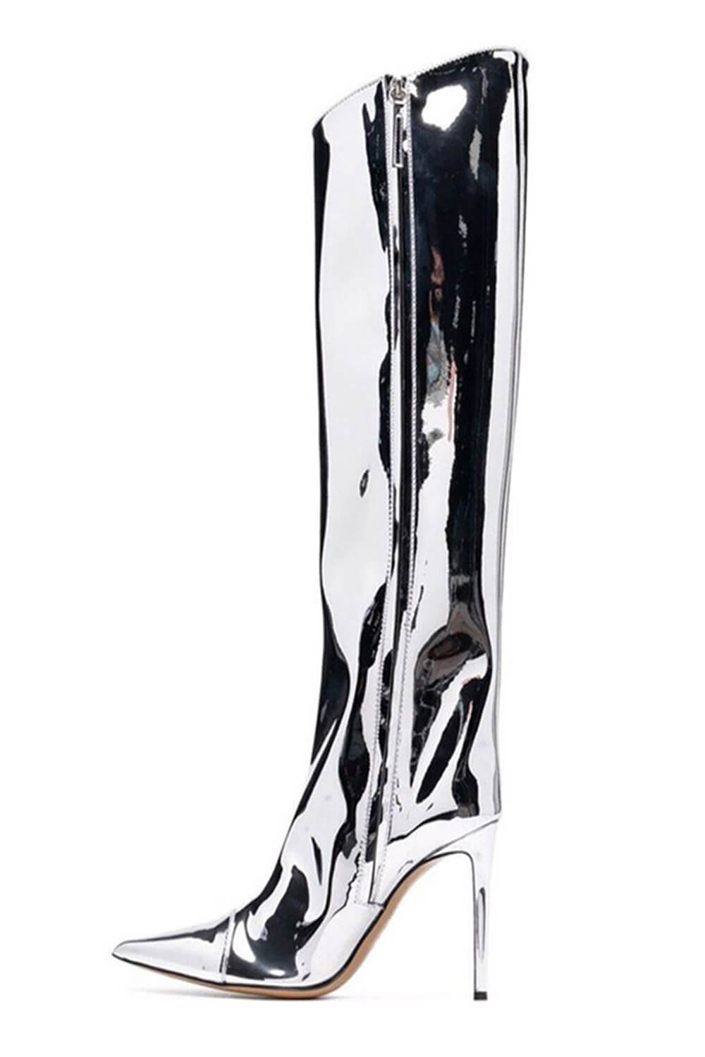 Metallic Finish Knee-High Pointed Toe Stiletto Boots - Silver – FloralKini