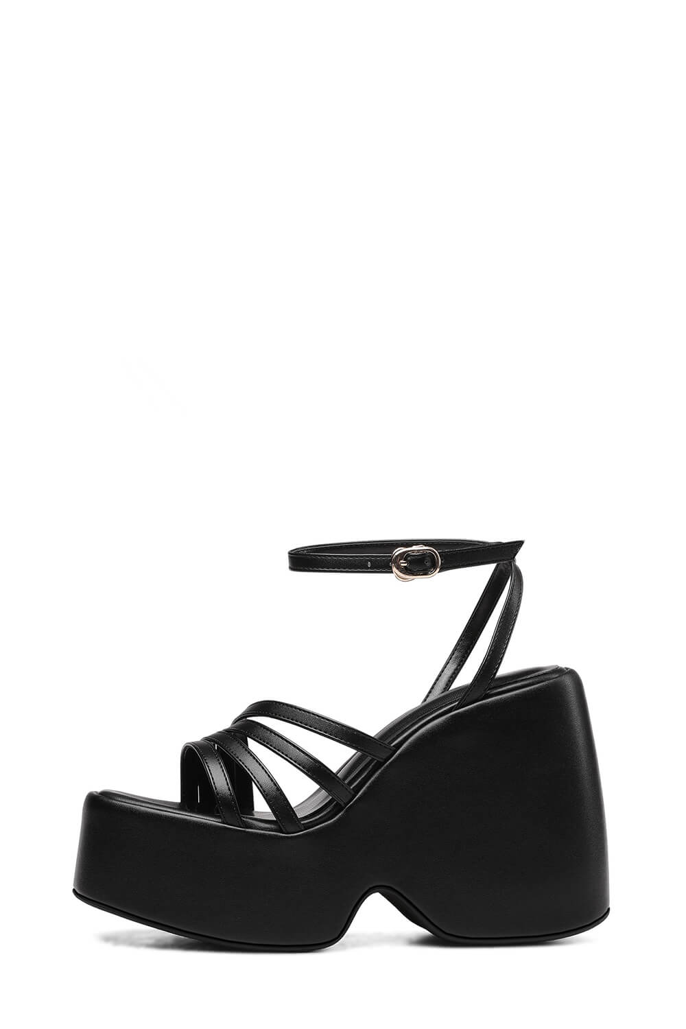 Faux Leather Strappy Peep Toe Wedge Heeled Ankle Sandals - Black ...