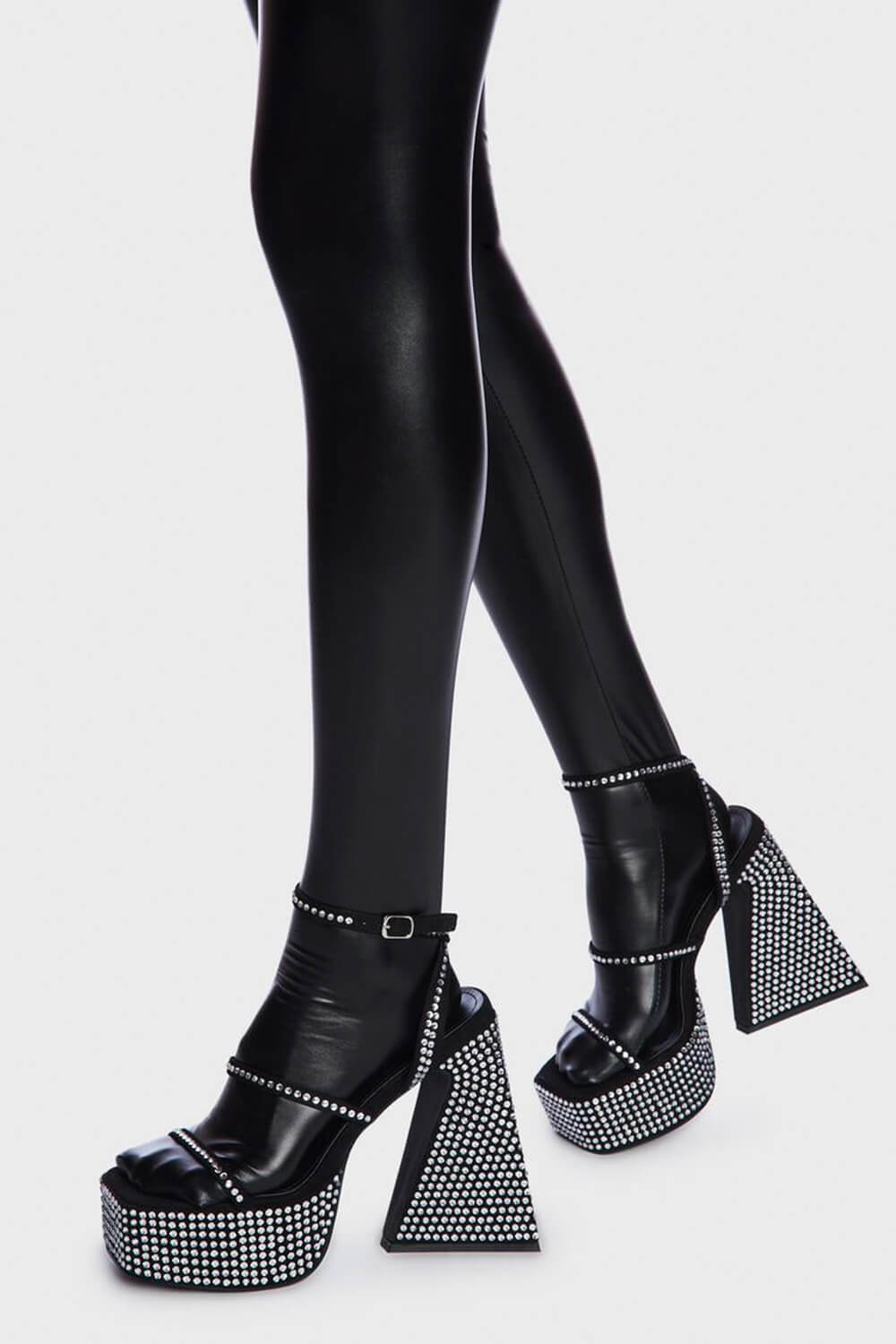 Sparkly Diamante Ankle Strap Square Toe Pyramid Block Heel Platform High Heels - Black