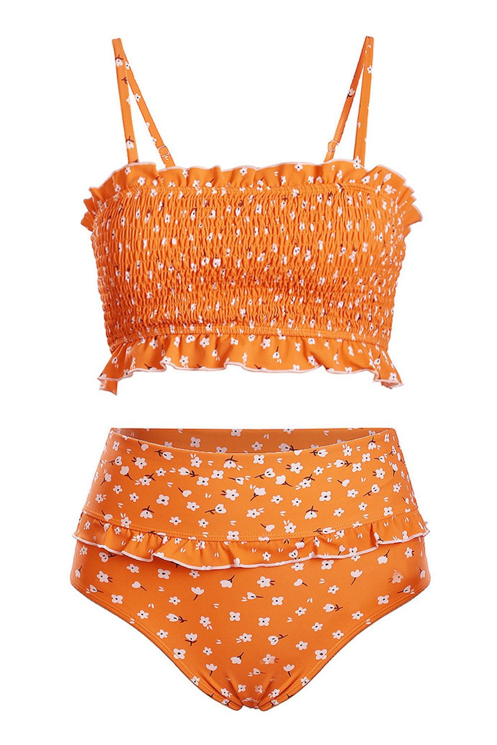 Orange Floral Smocked Ruffle Trim Bandeau Bikini Top – FloralKini