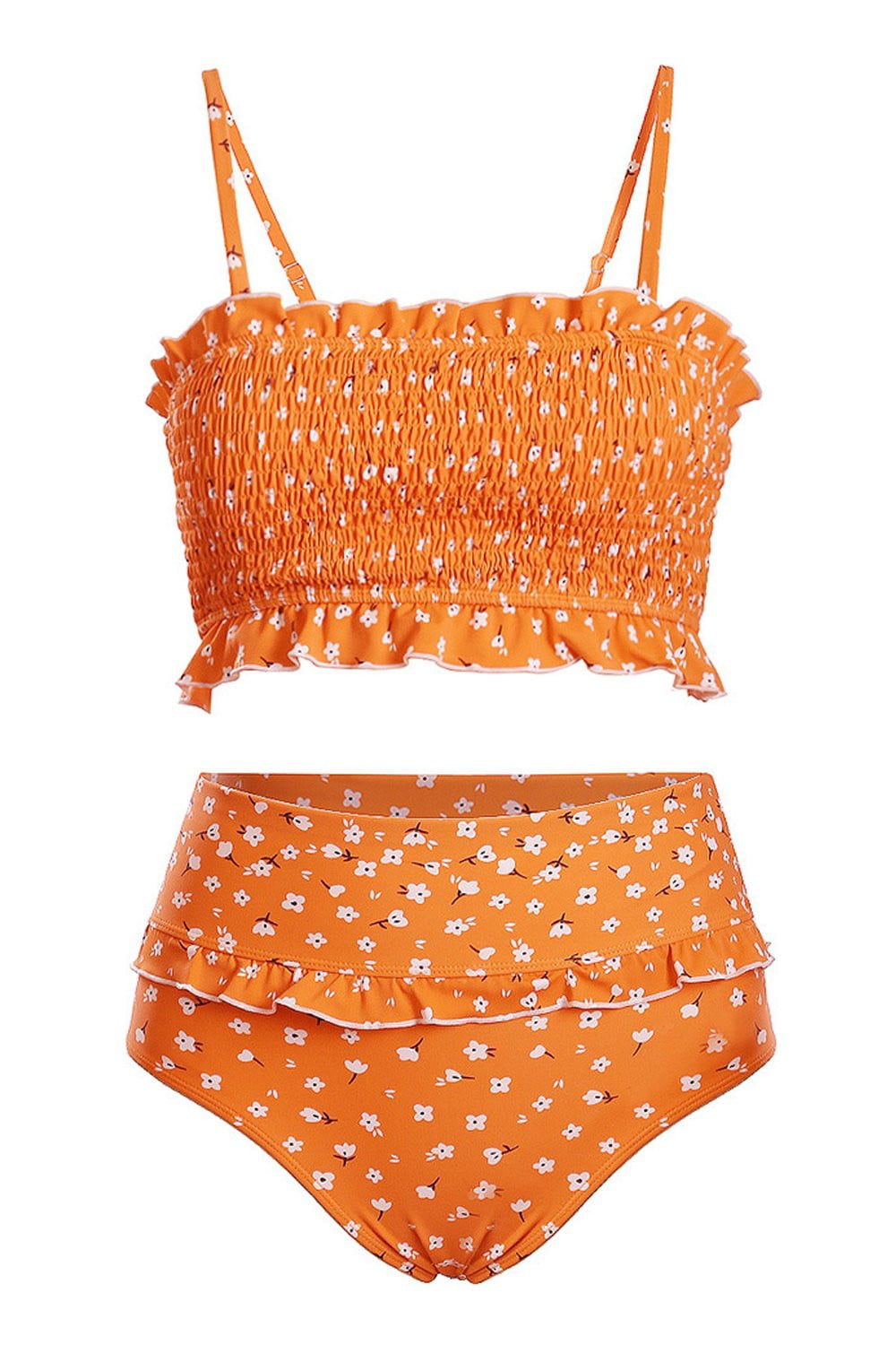 Orange Floral Smocked Ruffle Trim Bandeau Bikini Top – Floralkini