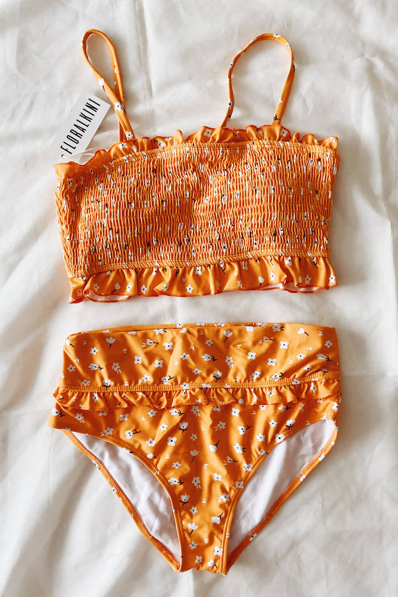 Orange Floral Smocked Ruffle Trim Bandeau Bikini Top – Floralkini