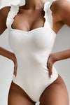 White Ribbed Ruffled One Piece Swimsuit