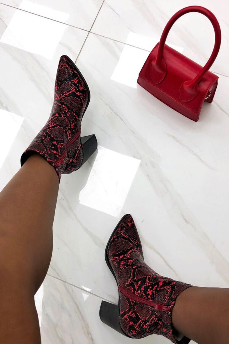 snake print block heel booties