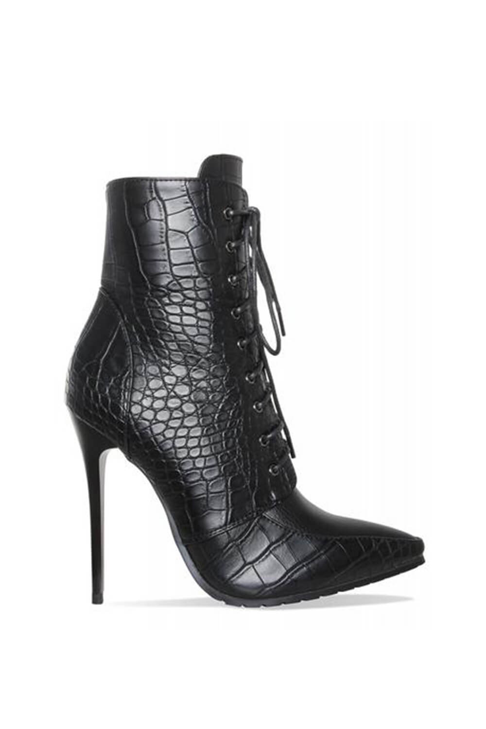 black croc lace up boots