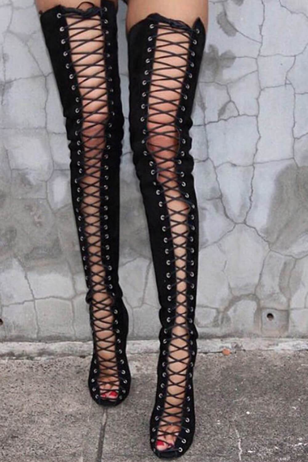peep toe lace up thigh high boots