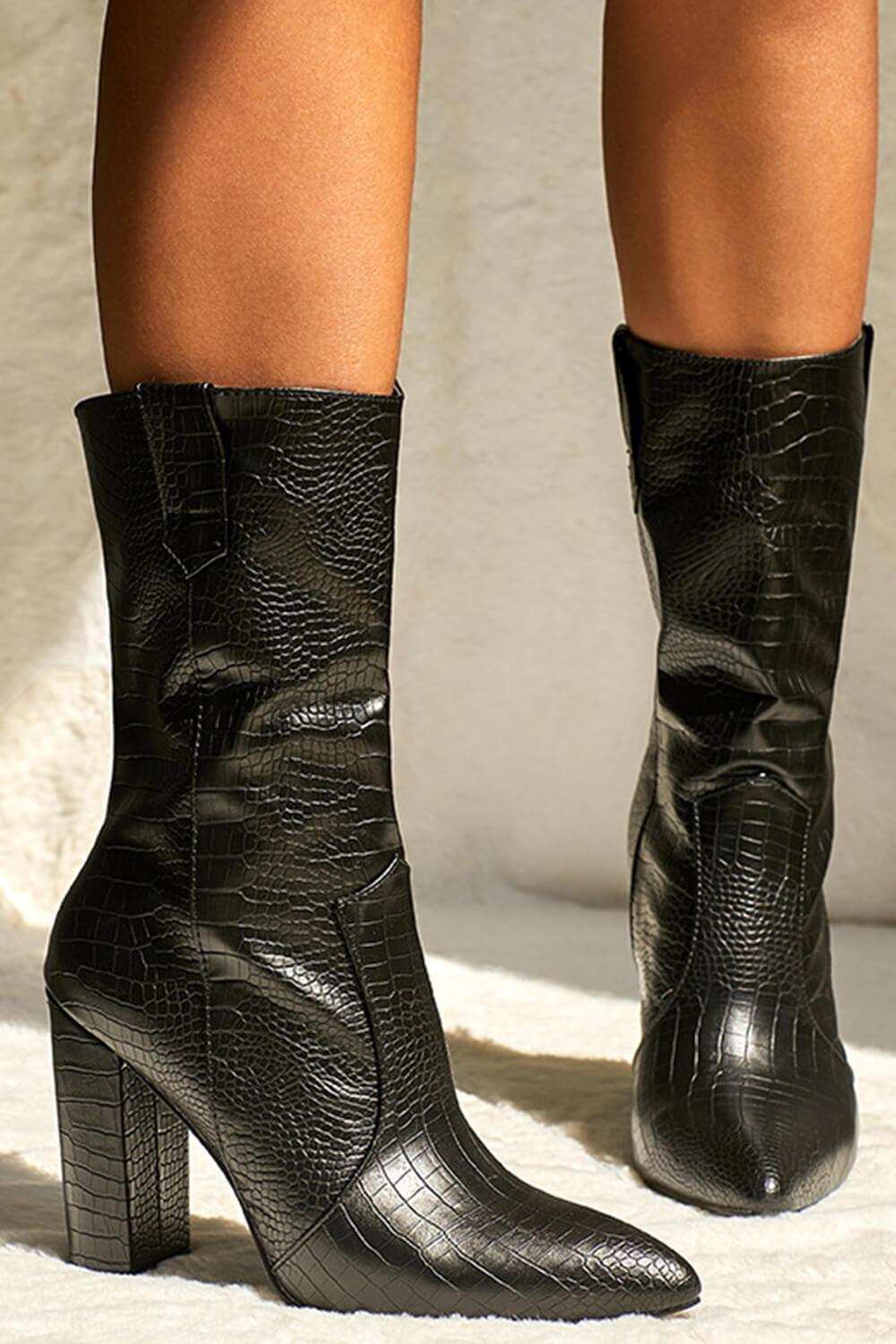 CASTILI Black Ankle Mid Calf Chunky Heel Boots