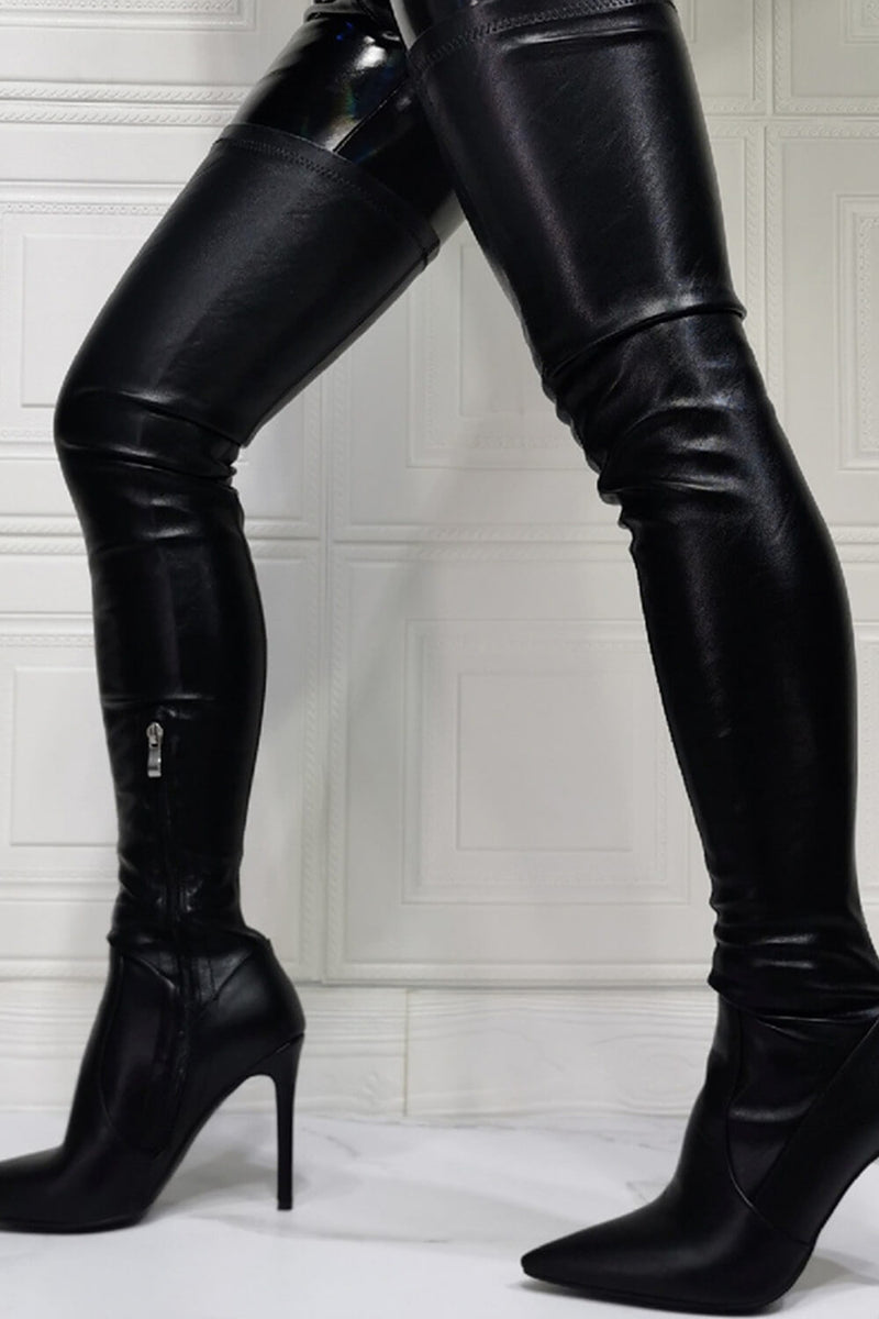 Black Faux Leather Over The Knee Thigh High Stiletto Boots – FloralKini