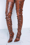 Orangered Snake Print Stiletto Thigh High Boots