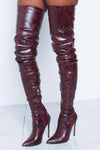 Firebrick Snake Print Stiletto Thigh High Boots