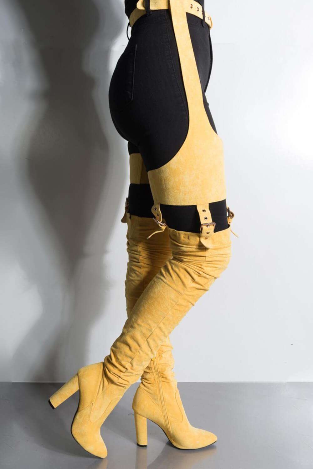 mustard thigh high boots