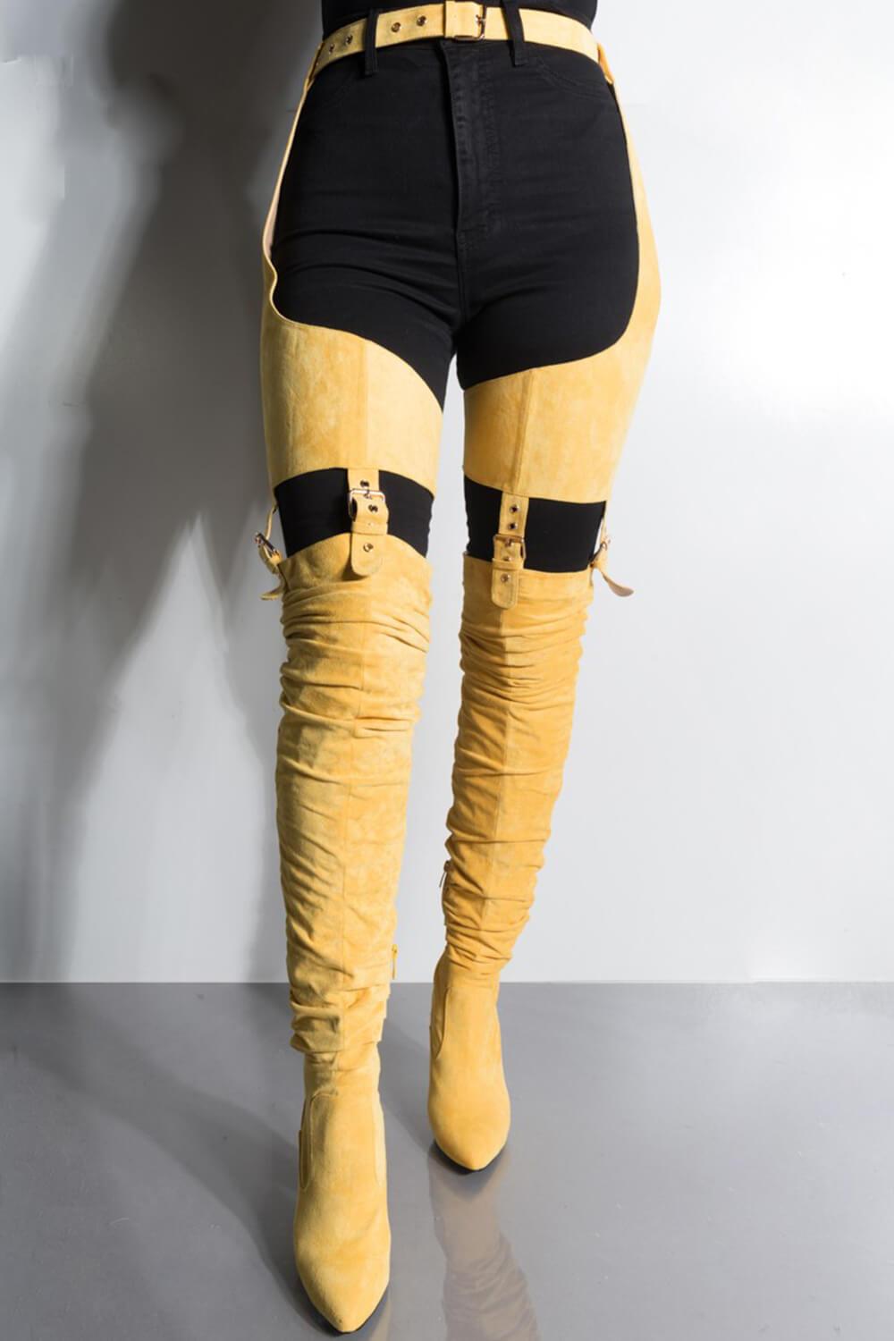 yellow thigh high boots