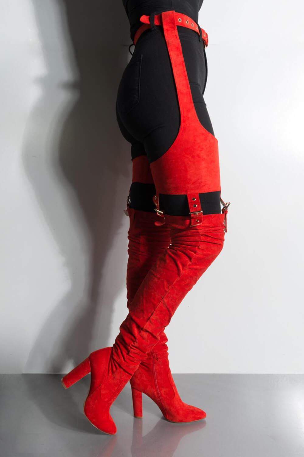 red belted thigh high boots