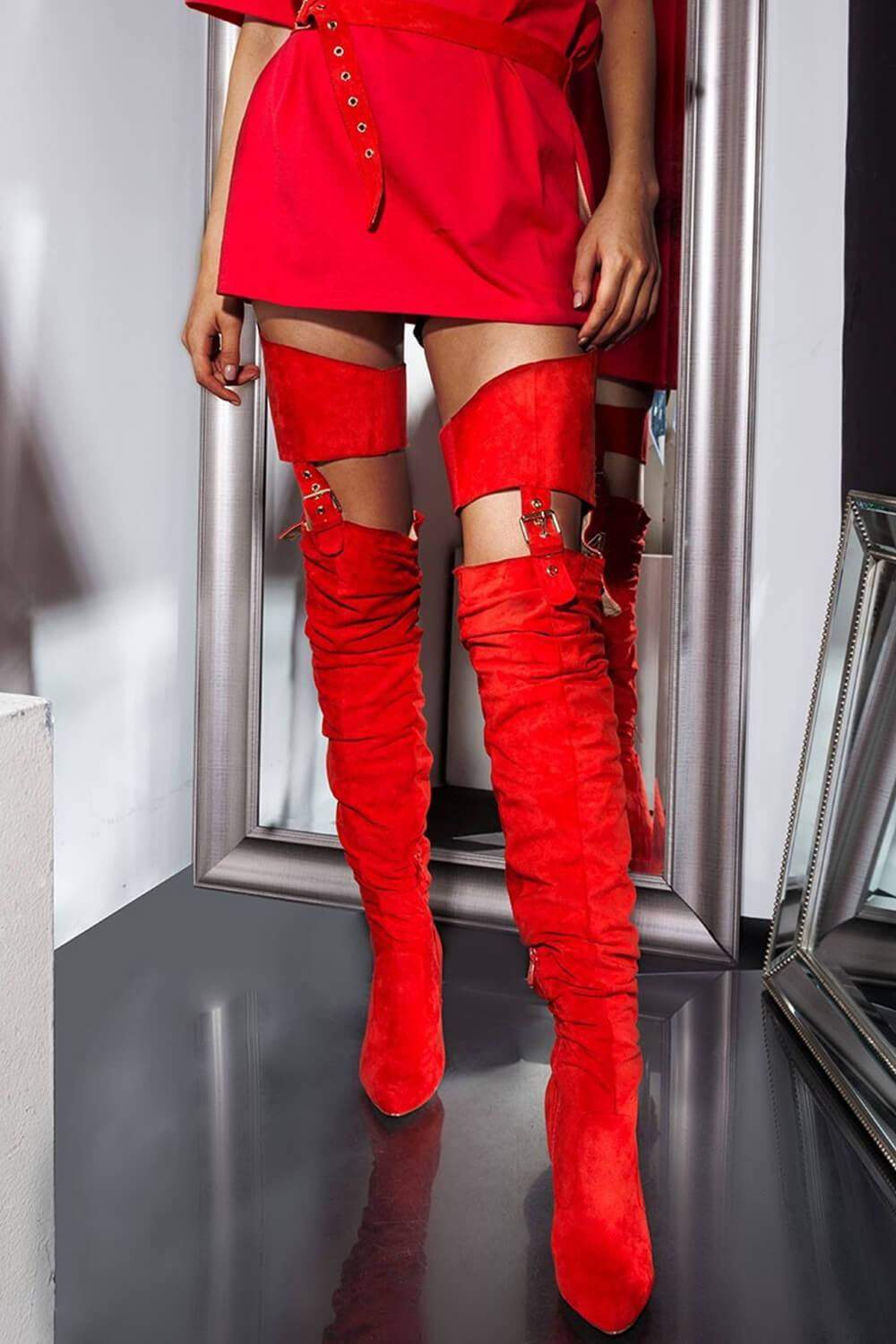 suede belt thigh high boots