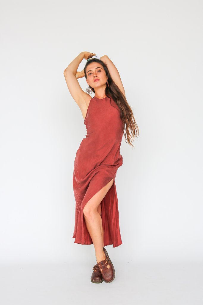 red mid length dress