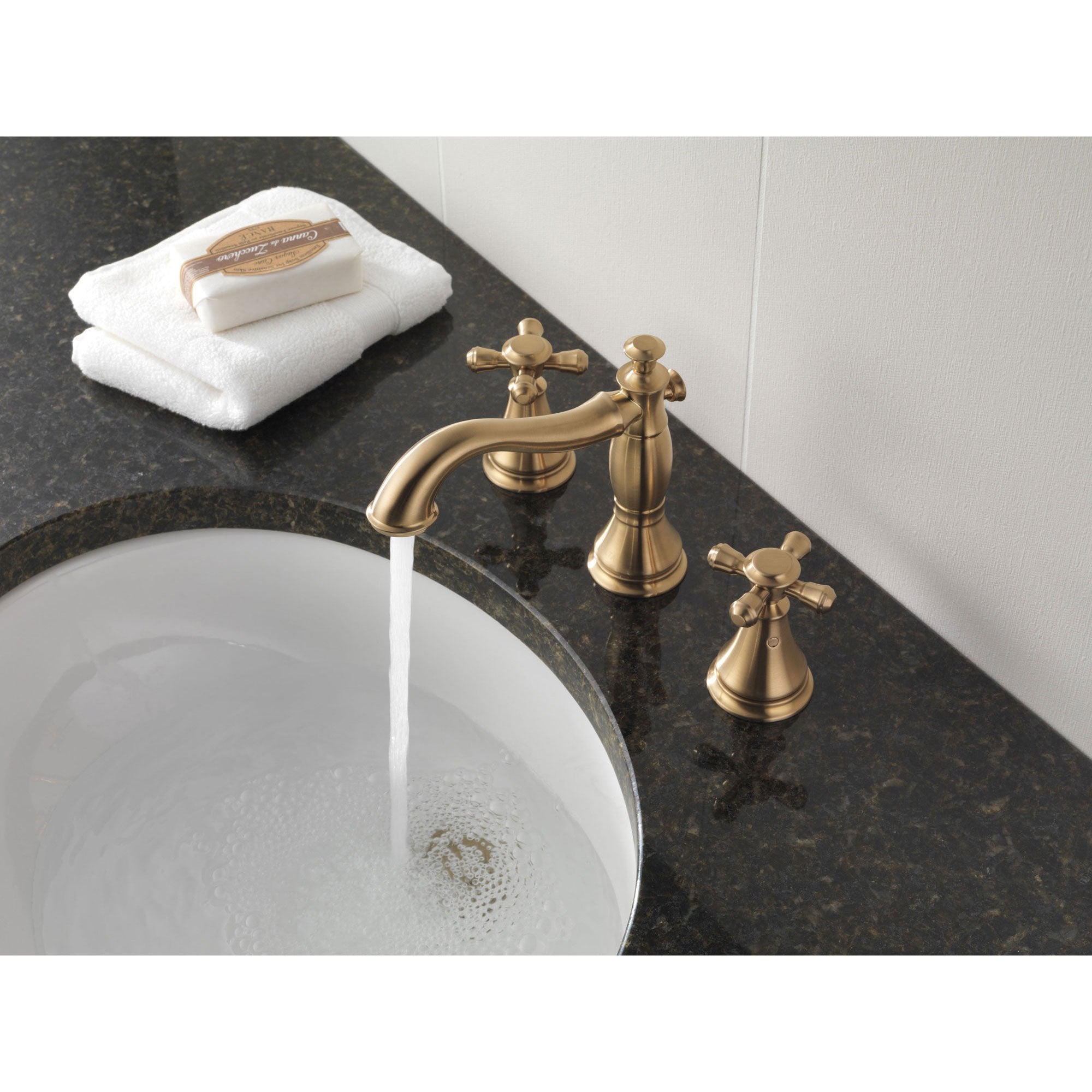 Delta Cassidy Collection Champagne Bronze Widespread Lavatory Bathroom   3597LF CZMPU LHP H295CZ WATER 2000x 