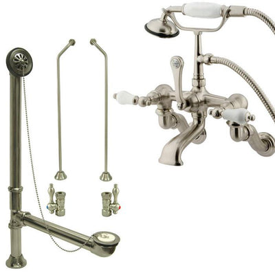Satin Nickel Wall Mount Clawfoot Tub Faucet w hand shower w Drain Supplies Stops CC459T8system
