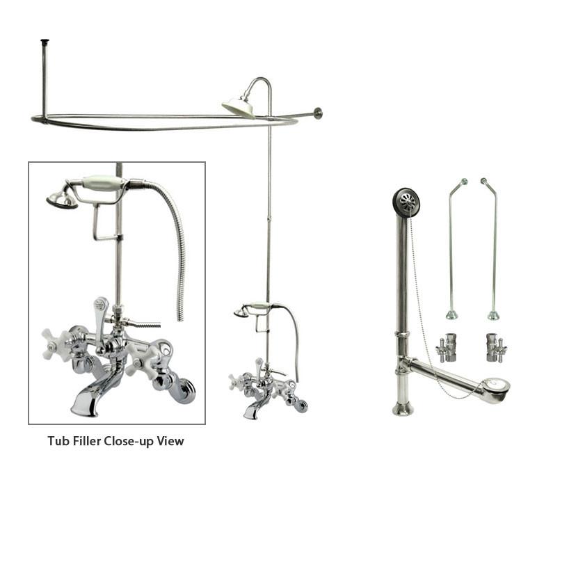 Chrome Clawfoot Bathtub Faucet Shower Kit With Enclosure Curtain